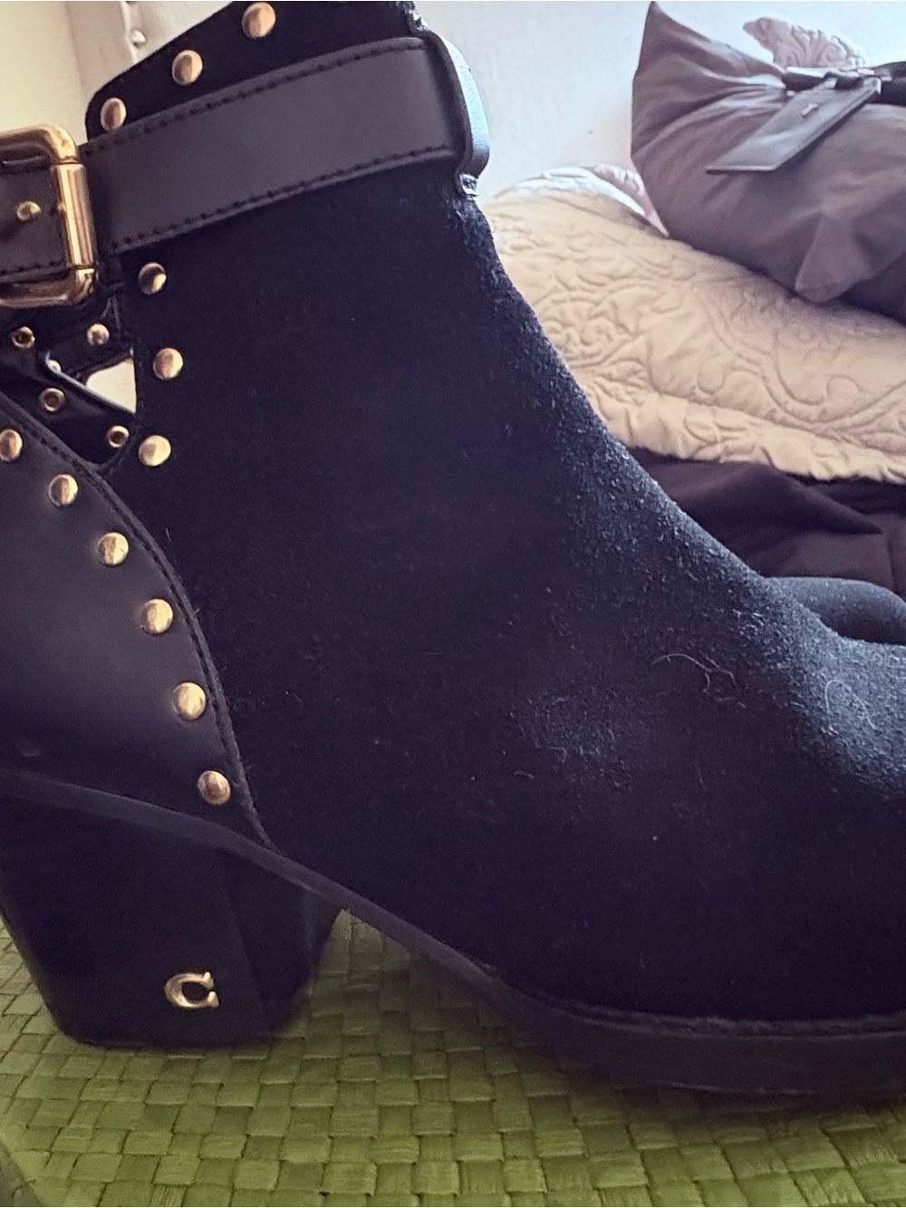 Coach Black Suede & Leather Studded Ankle Boots